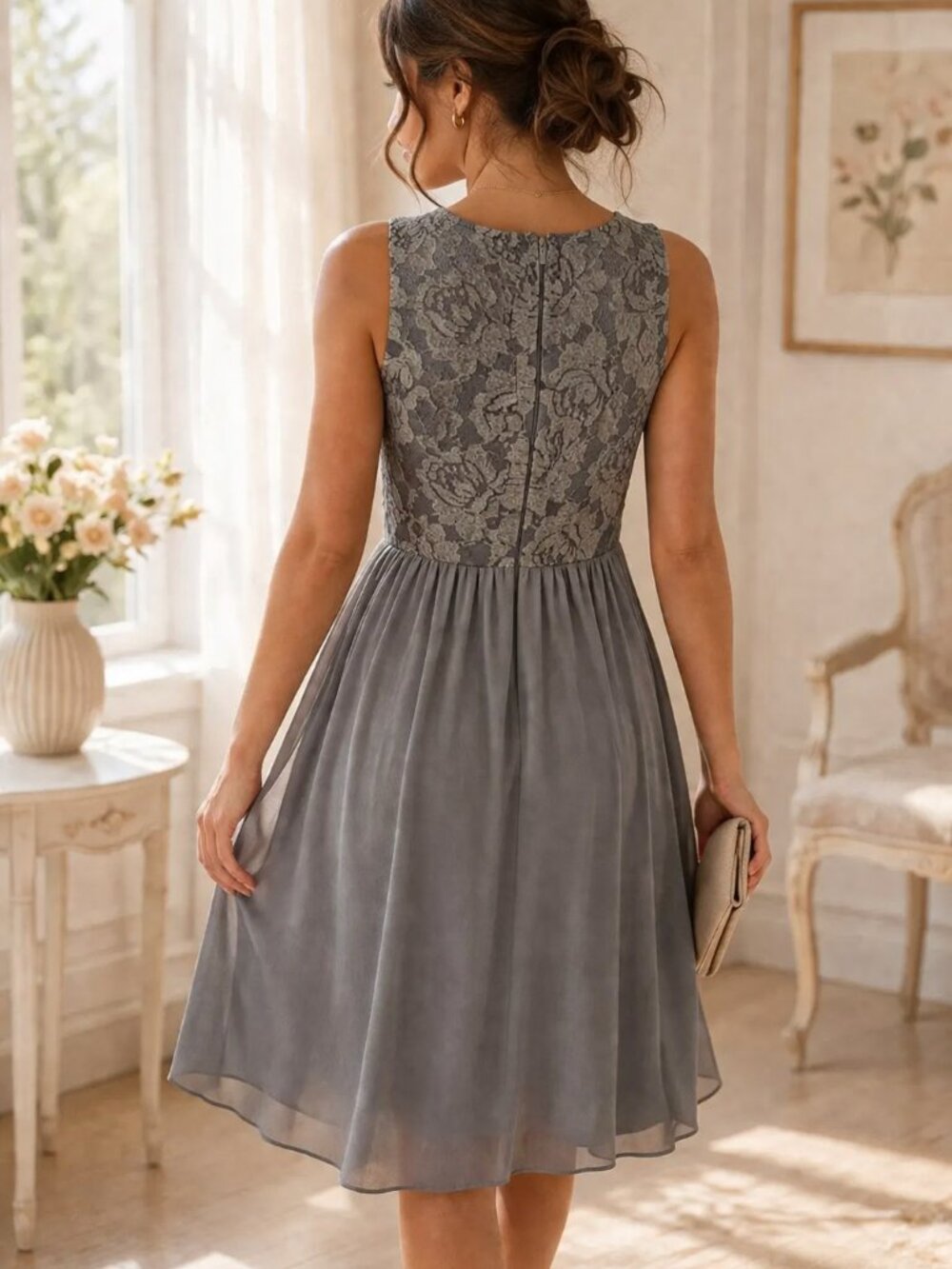 Altar’d State Gray Lace Fit & Flare Dress, Romantic Sleeveless Midi, Size M, EUC - Picture 7 of 12